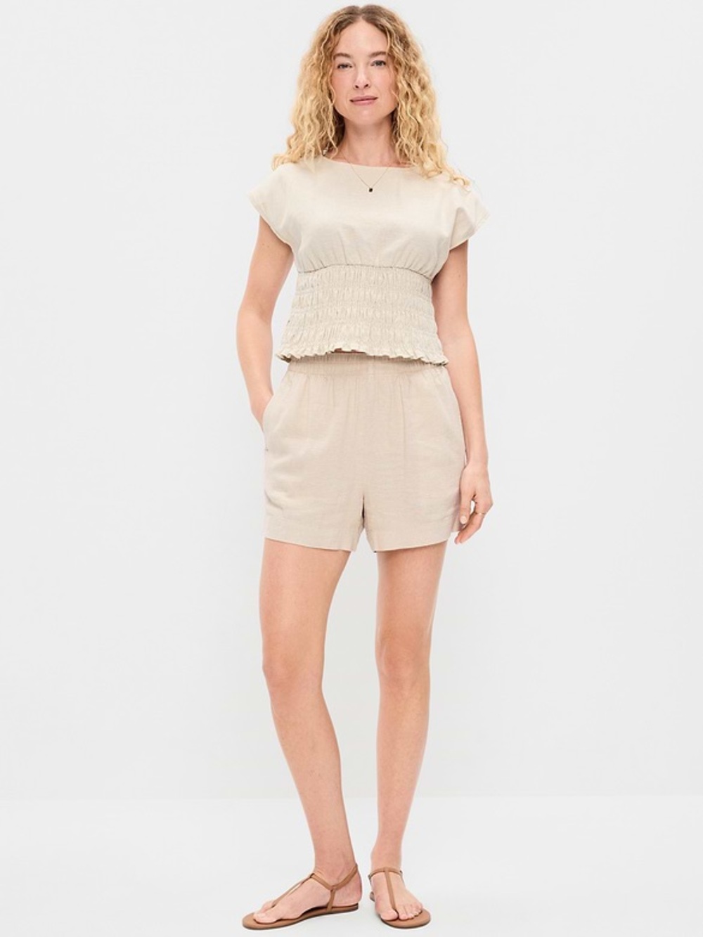 Old Navy Linen Blend Pull-On Shorts Beige Natural High Rise Size Large